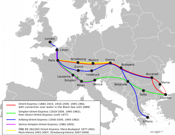Trasy różnych relacji Orient Express - autor MissMJ via Wikimedia.